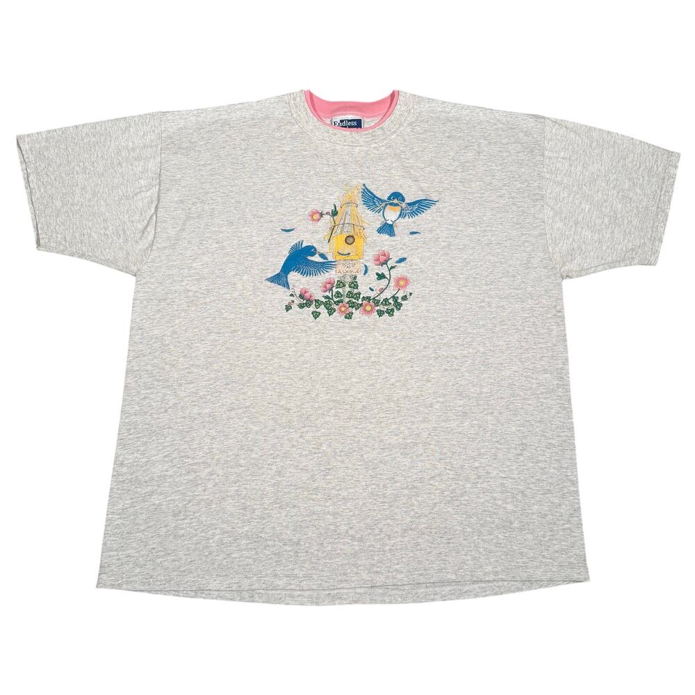 Vintage Bluebird Birdhouse Graphic Shirt Made In USA Nature Garden Tee Adult 2XL